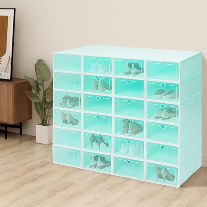 24Pcs Stackable Shoe Storage Boxes with Clear Doors - Foldable Shoe Organizer for Closet Cabinet, Black/White/Green Options for Sneakers Boots Home Organization (Green)