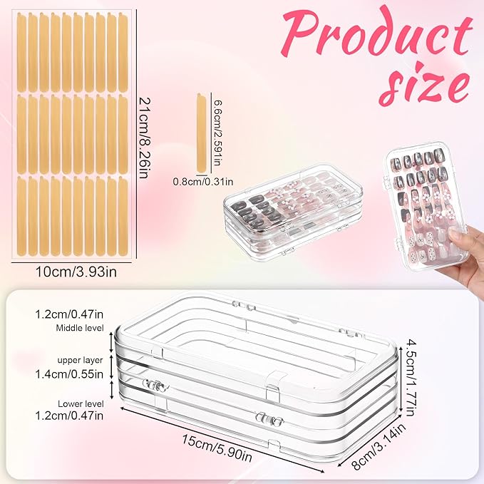 Press On Nail Organizer Case Tri-Fold 4 Page Clear Empty Press On Nail Packing Box PET Plastic Storage Box with 30 pcs Adhesive Double Sided Tape for Storage Display Nails Art Business(6×3.2×1.8 inch)