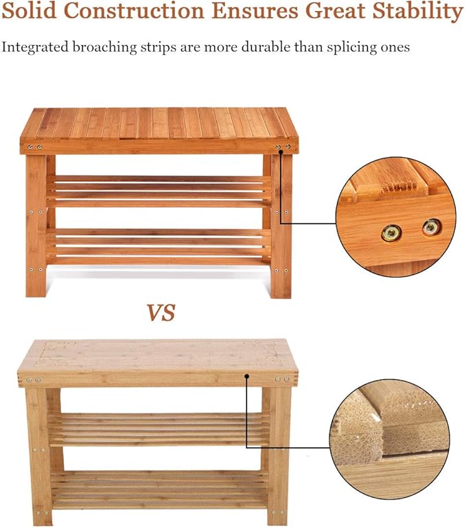 GOFLAME Shoe Bench Rack, 2-Tier Bamboo Seat Storage Shelf, Free Standing Shoe Storage Bench with Stylish and Modern Design, Shoe Organizer for Décor Entryway, Hallway, Living Room, Bathroom (Natural)