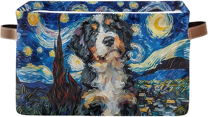 Large Storage Basket Berner Dog Starry Night Storage Bin Cube Canvas Fabric Organizer Handles Collapsible for Clothes Toys Bedroom Decorative