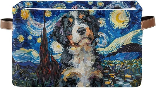 Large Storage Basket Berner Dog Starry Night Storage Bin Cube Canvas Fabric Organizer Handles Collapsible for Clothes Toys Bedroom Decorative