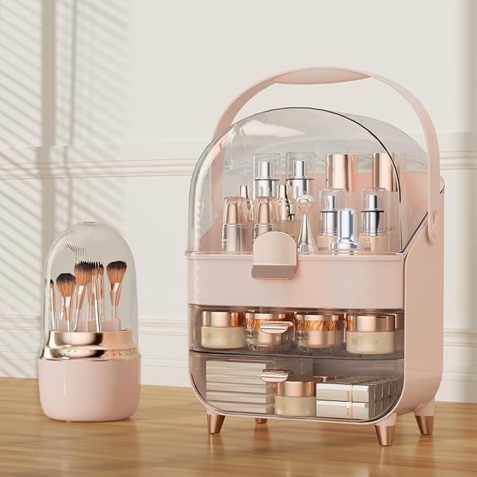 Makeup Organizer Countertop & 360° Rotating Makeup Brush Holder, Skincare Holder with Lid and Drawers, Storage Box Cosmetic Display Cases, Teen Girl Gifts, Vanity, Bathroom Counter, Pink