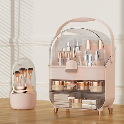 Makeup Organizer Countertop & 360° Rotating Makeup Brush Holder, Skincare Holder with Lid and Drawers, Storage Box Cosmetic Display Cases, Teen Girl Gifts, Vanity, Bathroom Counter, Pink