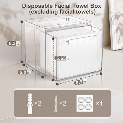 Disposable Facial Towels Storage Box - Acrylic Container Compatible With Clean Skin Club Clean Towel XL - Wall-Mounted Makeup Organizer With Drawer Valentine's Day Gifts