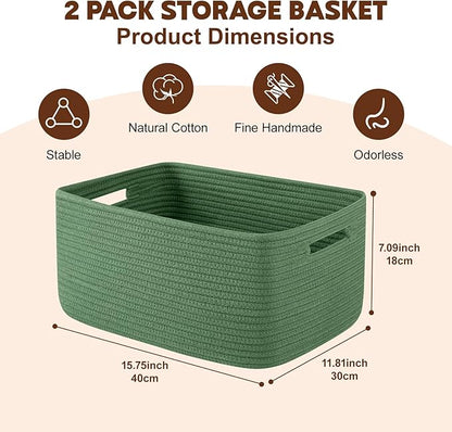 OIAHOMY Storage Basket for Shelves, Closet Cube Storage Bins Baskets for Clothes Blanket Towels, Baby Nursery, Toy Baskets Box, Woven Rope Basket, 15.75 * 11.81 * 7.09 IN, 2 Packs Olive Green