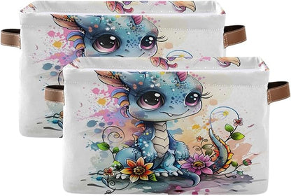 Large Storage Basket Cute Dragon Style Storage Bin Cube Canvas Fabric Organizer Handles Collapsible for Clothes Toys Bedroom Decorative