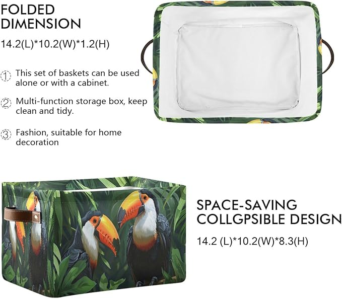 Large Storage Basket Toucans Couple Storage Bin Cube Canvas Fabric Organizer Handles Collapsible for Clothes Toys Bedroom Decorative