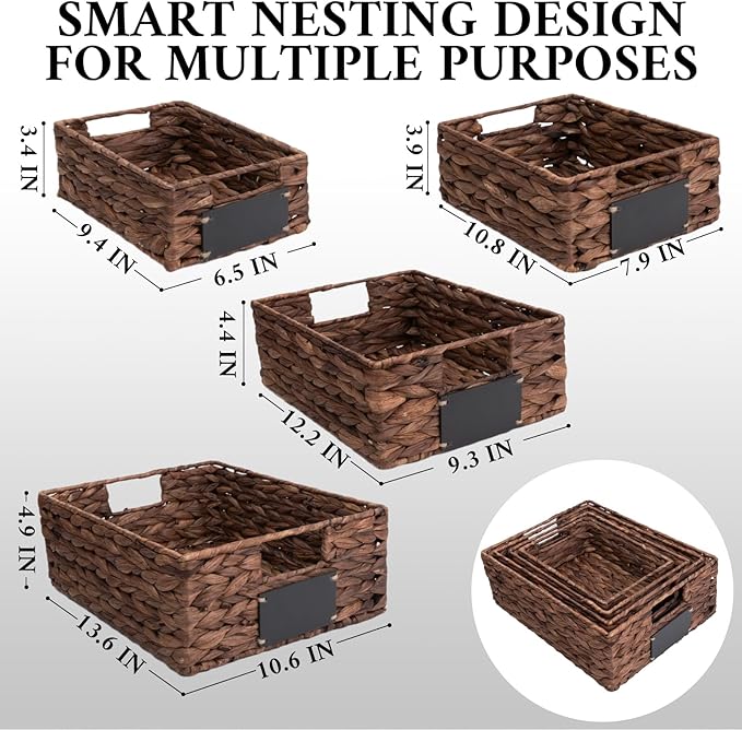 Set of 4 Sizes Hand-Woven Pantry Shelf Baskets, Hyacinth Storage Baskets with Chalkboard Labels & 2 Chalk Markers, Wicker Nestable Basket Set for Organizing Pantry Kitchen Laundry Shelves (Brown)