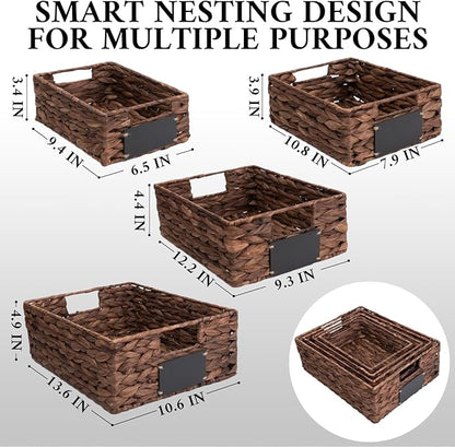 Set of 4 Sizes Hand-Woven Pantry Shelf Baskets, Hyacinth Storage Baskets with Chalkboard Labels & 2 Chalk Markers, Wicker Nestable Basket Set for Organizing Pantry Kitchen Laundry Shelves (Brown)