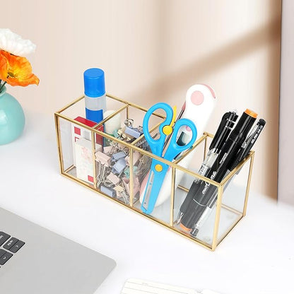 ELEGANTLIFE Clear Glass Makeup Brush Organizer,Luxurious Tempered Glass Cosmetics Brushes Storage Holder for Refined Bathroom Decor (Gold, 4 Sections)