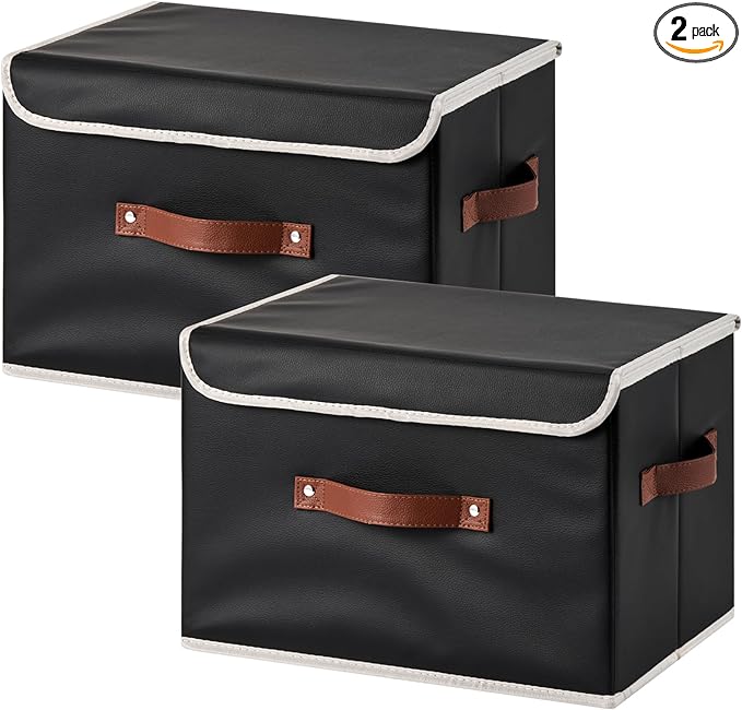 2PCS Storage Bins Box with Lids Decorative PU Leather Fabric Baskets Cubes with Handles PP Plastic Board Foldable Washable Lidded Clothing Shelf Closet Organizer Container (Black, Large)