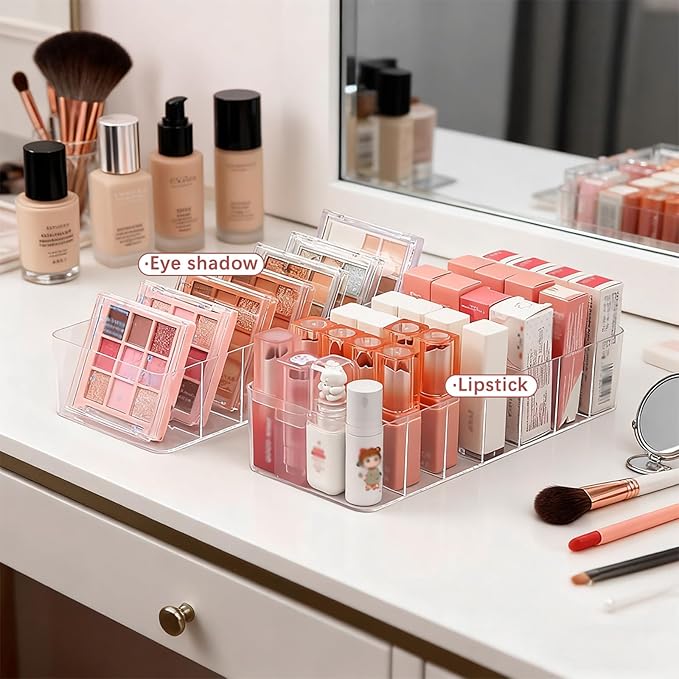 Clear Acrylic Makeup Organizers, 7-Section Bathroom Organizer for Drawer, Cosmetic Display Cases, Blushes Highlighters Eyeshadow Powder Makeup Organizer Holder Storage