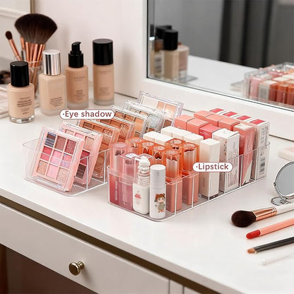 Clear Acrylic Makeup Organizers, 7-Section Bathroom Organizer for Drawer, Cosmetic Display Cases, Blushes Highlighters Eyeshadow Powder Makeup Organizer Holder Storage