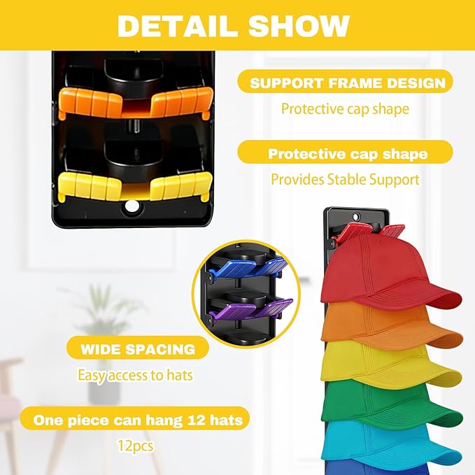 4 Pack Hat Organizer for Baseball Caps Hat - with Built-in Spring Clips Wall Mount Closet Hat Rack Holder Organizer for Baseball Caps Hold Up to 40 Hats Strong Adhesive Hat Storage Display Holder