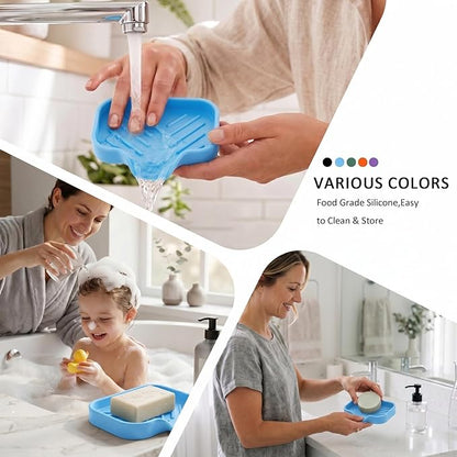 MicoYang Silicone Bathroom Soap Dishes with Drain Spout-Bathroom and Kitchen Sink Organizer,Sponge Holder,Dish Soap Tray,Perfect for Dispenser,Scrubber,Bottle on Sink or Counter-Light Blue 4.9"×3.2"