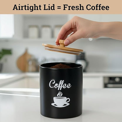 Ceramic Coffee Canister - 12 oz Black Airtight Canister - 5 x 6 inch Coffee Bean Storage Container - Stylish Countertop Container for Grounds, Beans, Pods & More with Rubber-Lined Bamboo Lid