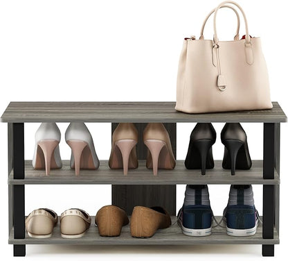 Furinno Turn-N-Tube Shoe Rack, 3-Tier Shoe Organizer, Shoe Storage with Compact Open Shelves, 15.5 x 31.5 x 15.7, for Closet Entryway, Office, Garage, French Oak/Black