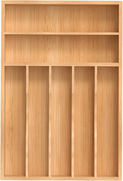 Silverware Organizer, Bamboo Kitchen Drawer Organizer, Utensil Holder, Cutlery Tray & Spoon Flatware Storage with Grooved Drawer Dividers (11''W x 16''D)