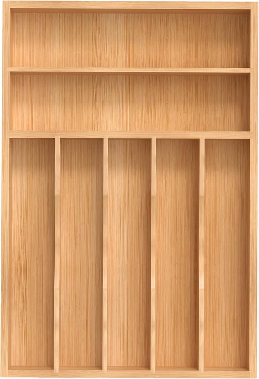 Silverware Organizer, Bamboo Kitchen Drawer Organizer, Utensil Holder, Cutlery Tray & Spoon Flatware Storage with Grooved Drawer Dividers (11''W x 16''D)