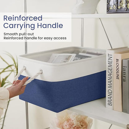 Large Storage Baskets- 15.7x11.8x8.26 inch Storage Bins for Shelves and Closet Organizing, Foldable Fabric Bin for Home Organization Clothes and Laundry (3-Pack, White&Blue)
