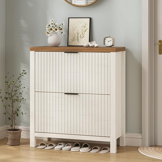 YOMILUVE Shoe Cabinet Storage for Entryway, Fluted Shoe Cabinet with 2 Flip Drawers, Hidden Shoe Rack Tall Freestanding Shoe Organizer with Legs for Hallway, White