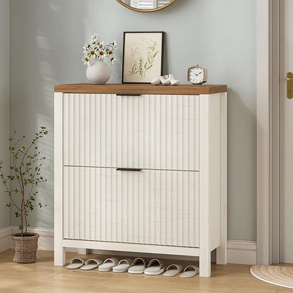 YOMILUVE Shoe Cabinet Storage for Entryway, Fluted Shoe Cabinet with 2 Flip Drawers, Hidden Shoe Rack Tall Freestanding Shoe Organizer with Legs for Hallway, White