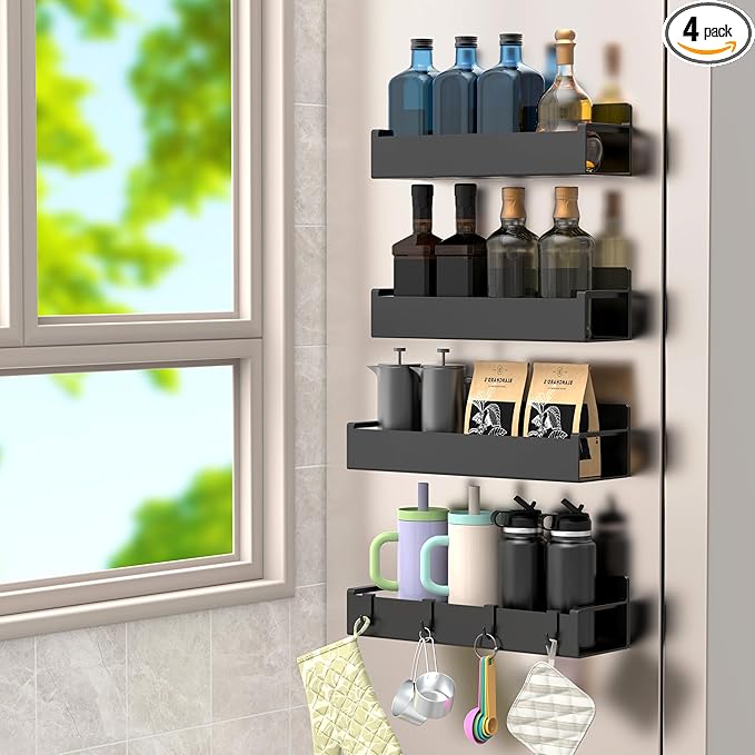 HuggieGems 4 Pack Magnetic Spice Rack Organizer for Refrigerator and Oven, Matt Black Fridge Organizers and Storage for Kitchen