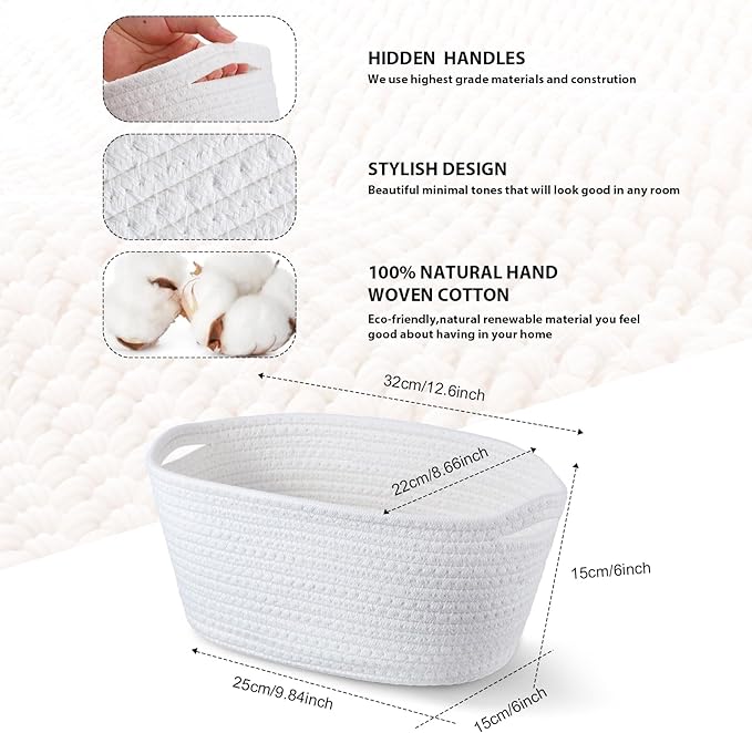 Sawysine 6 Pcs Storage Baskets Bulk for Organizing Cotton Rope Woven Basket with Handles for Gift Cloth Shelves Blanket Toys Living Room(White)