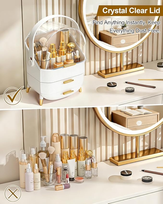 Makeup Organizer with Drawers & Lid - Portable Large Cosmetic Storage Case for Vanity Countertop, Travel, Gift for Women, Girls, 11"×7"×15", White