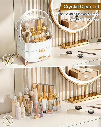 Makeup Organizer with Drawers & Lid - Portable Large Cosmetic Storage Case for Vanity Countertop, Travel, Gift for Women, Girls, 11"×7"×15", White