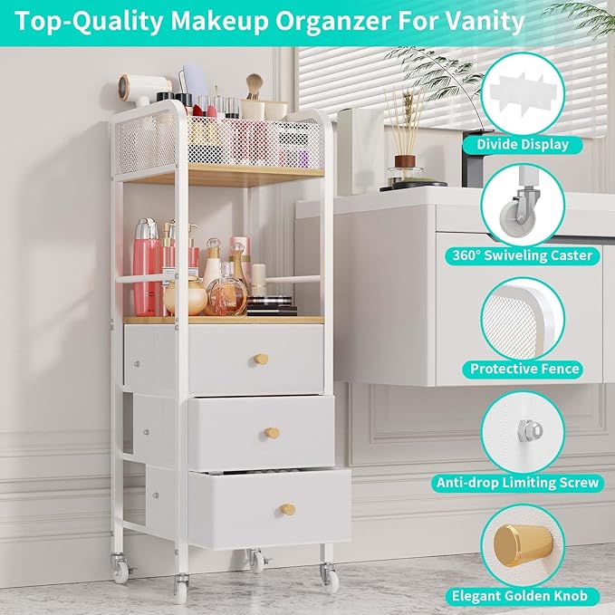 HapiRm Rolling Makeup Cart Organizer - Floor Skincare Make Up Storage with 3 Non-woven Fabric Drawers, Vanity Organizer Cosmetic Display Cases Holder for Skin Care Perfume Nail Polish Brush Hair Tool