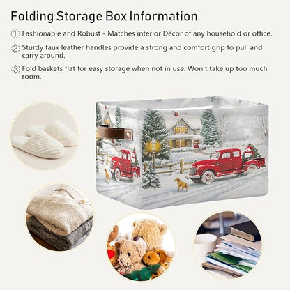 Christmas Tree Red Truck Foldable Fabric Storage Bin Cube with Handles for Shelf Closet, Nursery Bedroom