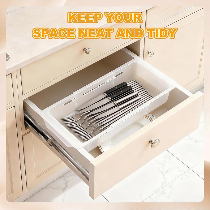 2 Pcs Deep Drawer Organizer Kitchen, Adjustable Sliding Drawer Organizer Bin, Transparent Expandable Drawer Organizer Trays Holder for Utensils Makeup Vanity Office, Expand 12" to 17"