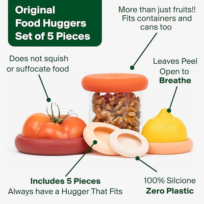 Food Huggers 5pc Reusable Silicone Food Savers | BPA Free | Plastic Free Food Storage | Dishwasher Safe | Fruit & Vegetable Produce Storage for Onion, Tomato, Lemon, Banana & Cans | Round, Terracotta