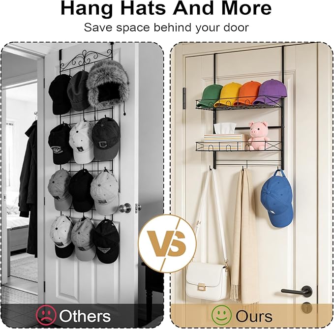 Widousy Over the Door Hat Organizer, 3 Tier Wall Mounted Hat Rack with 2 Adjustable Metal Basket and 3 Hooks, Baseball Cap Organizer Storage up to 29 Caps for Door, Closet, Bedroom