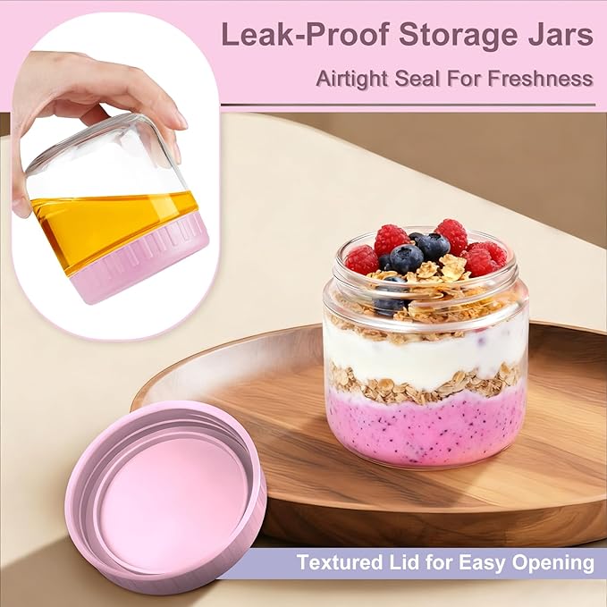 Overnight Oats Containers with Lids, 10oz Wide Mouth Mason Jars with Lids, 3 Pack Glass Jars with Airtight lid for Chia Pudding Yogurt Salad, Meal Prer Oatmeal Jars, Pink