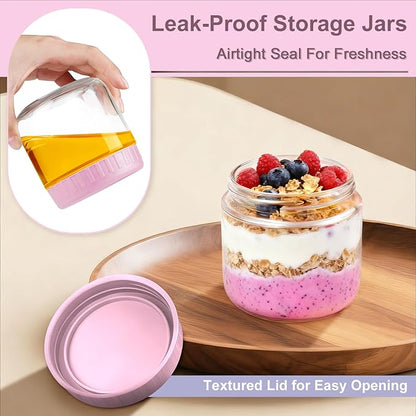 Overnight Oats Containers with Lids, 10oz Wide Mouth Mason Jars with Lids, 3 Pack Glass Jars with Airtight lid for Chia Pudding Yogurt Salad, Meal Prer Oatmeal Jars, Pink