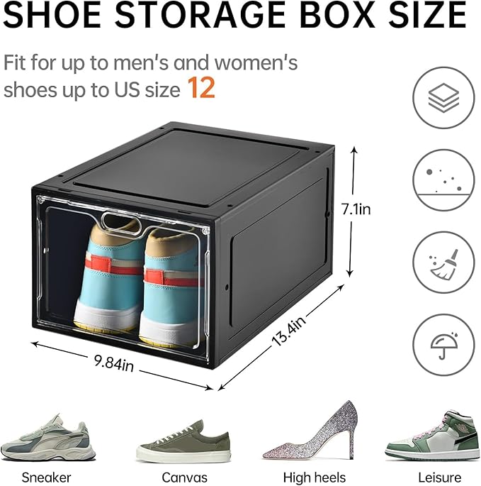 INSTY 12 Pack Large Shoe Storage Box, Clear Shoe Storage Organizer with Magnetic Door, Stackable,Shoe Containers For Display Sneakers, Easy Assembly, Fit up to US Size 12, Black