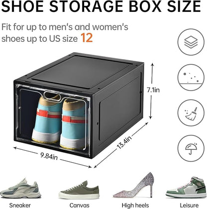 INSTY 12 Pack Large Shoe Storage Box, Clear Shoe Storage Organizer with Magnetic Door, Stackable,Shoe Containers For Display Sneakers, Easy Assembly, Fit up to US Size 12, Black