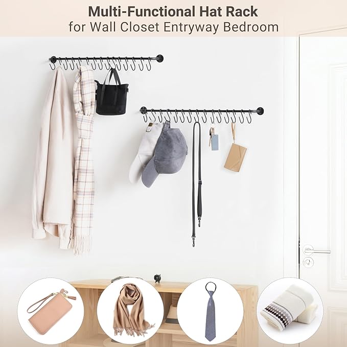 Mkono Hat Rack for Wall Baseball Cap Organizer Hanger with 30 Hooks Modern Metal Hat Holder Wall-Mounted Caps Display for Closet Door Bedroom Entryroom Laundry, Set of 2 (Black, Medium)