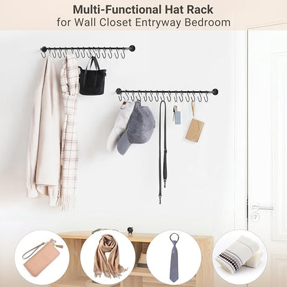 Mkono Hat Rack for Wall Baseball Cap Organizer Hanger with 30 Hooks Modern Metal Hat Holder Wall-Mounted Caps Display for Closet Door Bedroom Entryroom Laundry, Set of 2 (Black, Medium)
