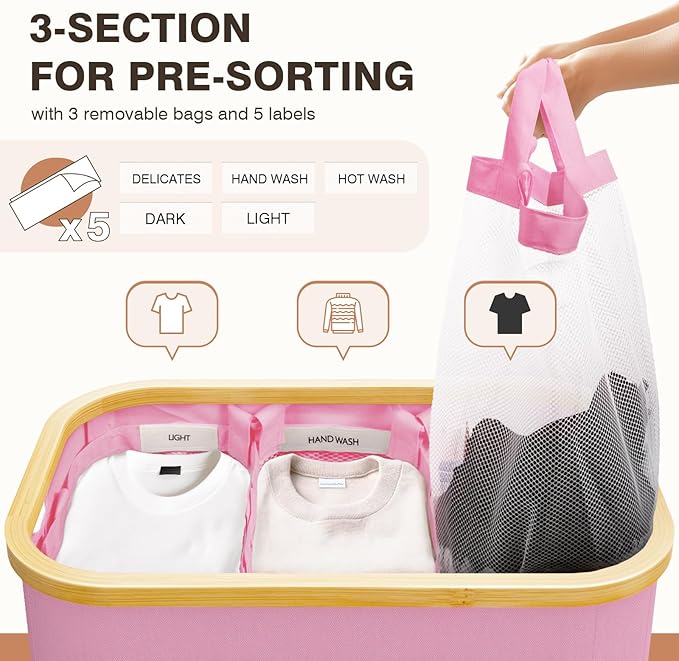 Hampers for Laundry Basket with Lid, 145L Extra Large 3 Section Clothes Divided Organizer for Bedroom, Laundry Room, Dirty Clothing Hamper, Pink