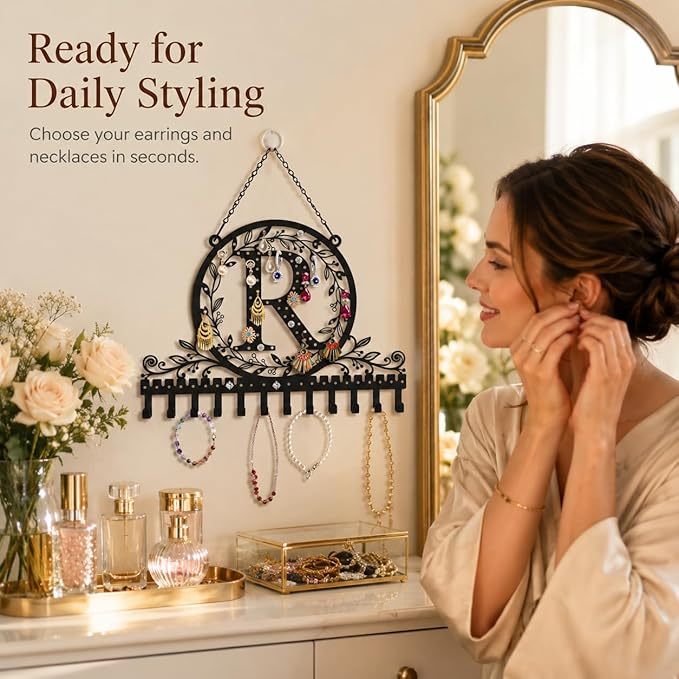 Wall-Mounted Metal Initial Letter R Earring Holder Hanging Jewelry Organizer for Earrings and Necklaces Space-Saving Wall Display with Hooks for Jewelry Storage