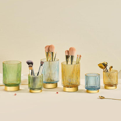 Makeup Brush Holder Organizer,Toothbrush Holders,Desk Pen Pencil Holder,Multifunctional Vintage Glass Brush Cup（S+L/Blue/A3-3-US）