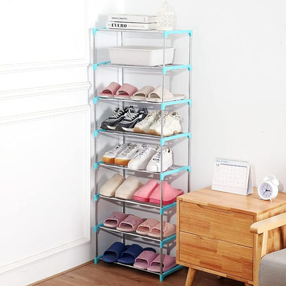 Small Shoe Rack, Narrow Stackable Shoe Shelf Organizer for Entryway, Doorway and Bedroom Closet (3-Tier, Blue)