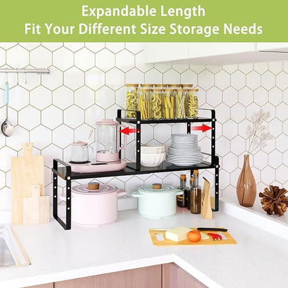 Across-Star Expandable Cabinet Shelf Organizer Rack, Stackable Kitchen Counter Storage Shelves Stand, Adjustable Height Pantry Shelf Spice Rack (Black, 1 Pack)