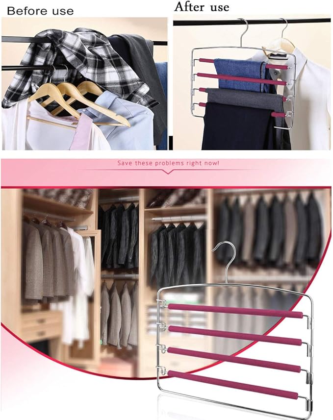 Swing Arm Pant Hangers 2 Pack Non-Slip Multi Layers Removeable Stainless Steel Pant Jean Slack Hangers Foam Padded Rotatable Hook for Space Saving Clothes Trousers Closet Organizer