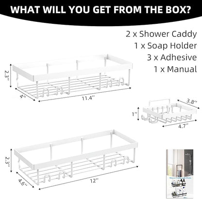 Moforoco 3-Pack Shower Caddy Basket Shelf with Soap Holder, No Drilling Traceless Adhesive Shower Wall Shelves, Rustproof White Bathroom Shower Storage Organizer