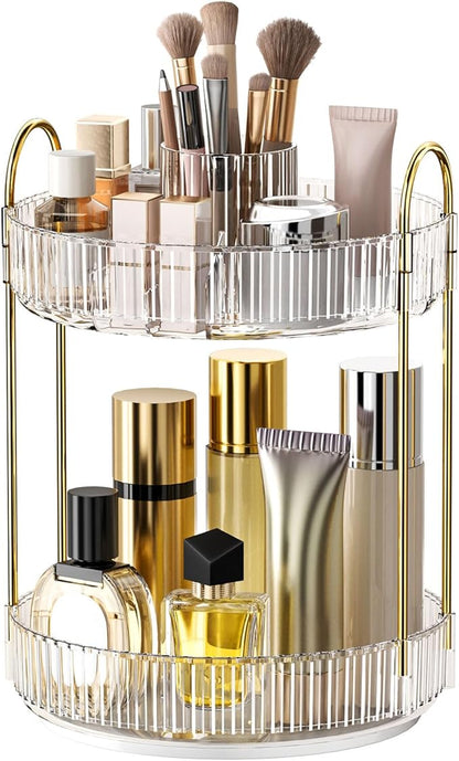 360° Rotating Makeup Organizer, Large-Capacity Skincare Make Up Storage 2 Tier Perfume Organizers Cosmetic Dresser Organizer with Makeup Brush Holder, Fits Bedroom, Bathroom, Vanity Shelf Countertop