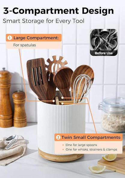 LoeJan 7.5" Utensil Holder, 3 Compartment Ceramic Kitchen Utensil Holder with Cork Bottom, Large Utensil Crock for Countertop, Cooking Tool Organizer Set for Kitchen Counter(White,Vertical Stripe)